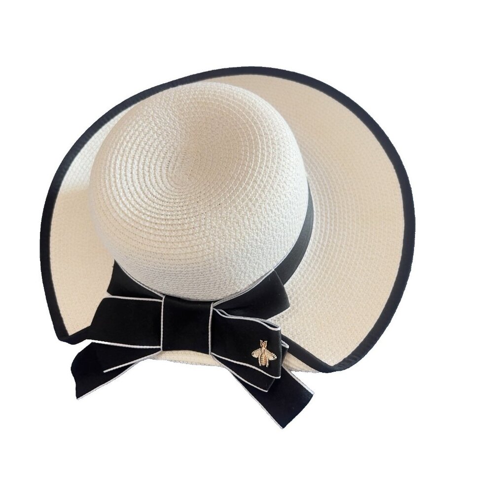 Napoleon BEE Sun Hat White Black Bow Beach Paper Straw Cruise Vaca Glamorous